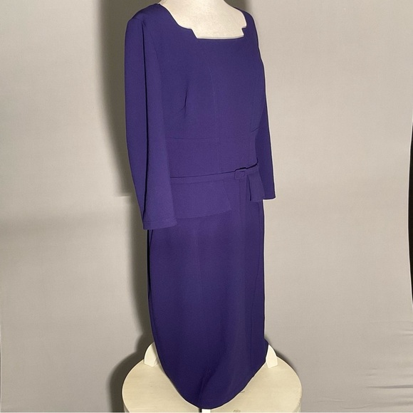 David Meister Size 10 Purple Sheath Dress Fabric Belt 3/4 Sleeve Unique Neckline - Picture 11 of 14